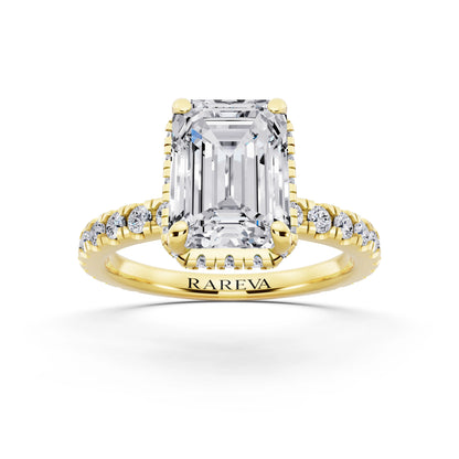18 KT Yellow Gold Emerald Cut Diamond Hidden Halo Ring with Pave Band - front view