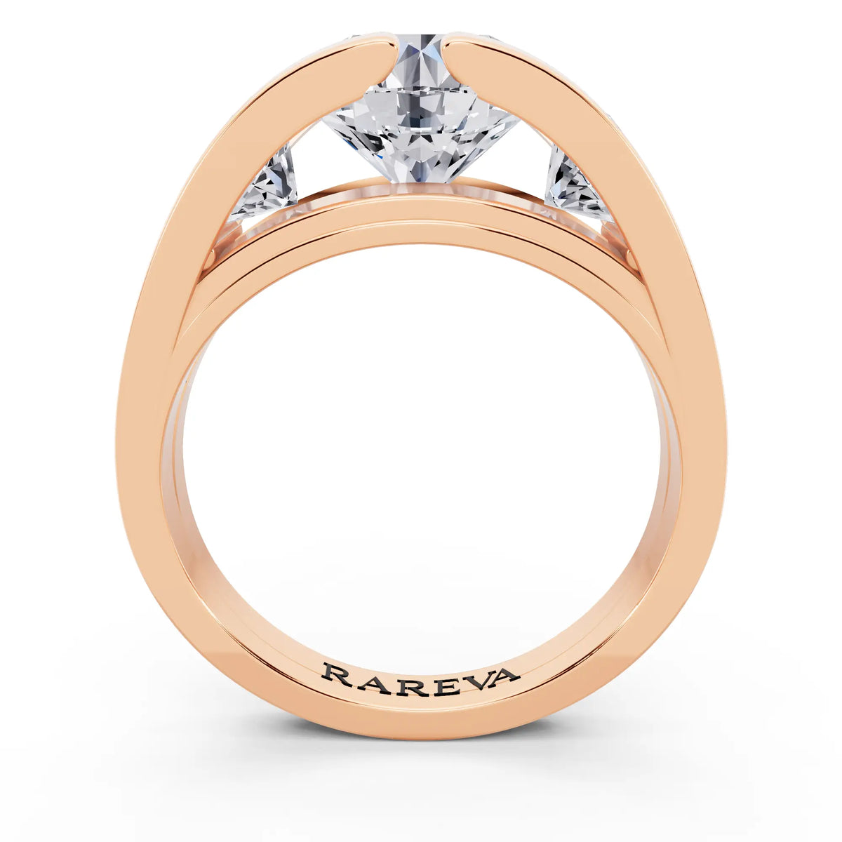 18 KT Rose Gold Round Cut Diamond Ring with Graduated Side Stones - Through