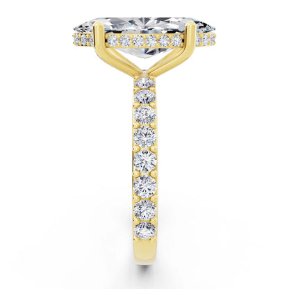 18 KT Yellow Gold Marquise Cut Diamond Solitaire Ring with Hidden Halo and Pave Band - side view