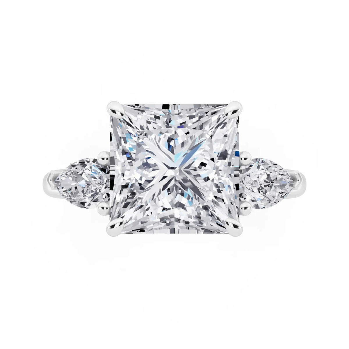 18 KT White Gold Princess Cut Diamond Three Stone Pear Accent Ring - top angle