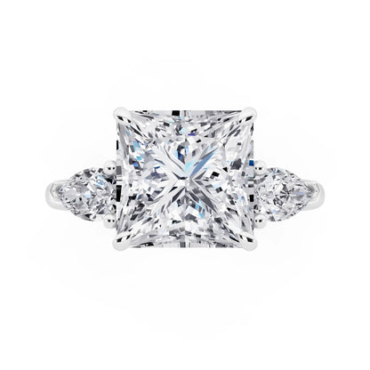 18 KT White Gold Princess Cut Diamond Three Stone Pear Accent Ring - top angle