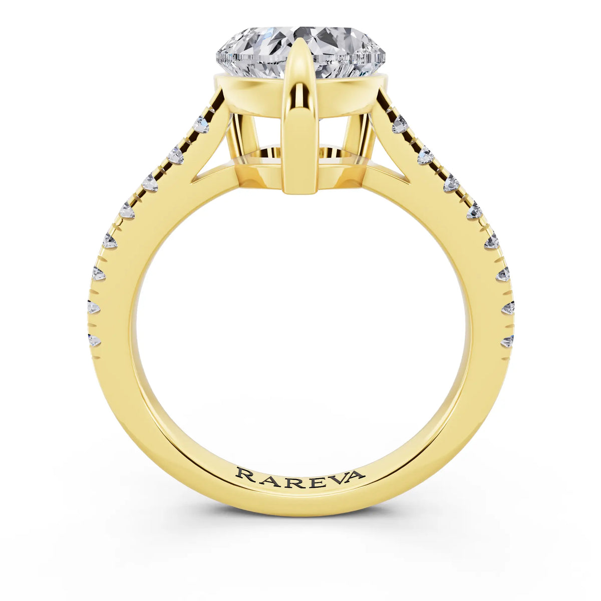 14 KT Yellow Gold Heart Cut Diamond Claw Prong Solitaire Ring with French Pave Band - through finger