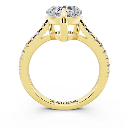 14 KT Yellow Gold Heart Cut Diamond Claw Prong Solitaire Ring with French Pave Band - through finger