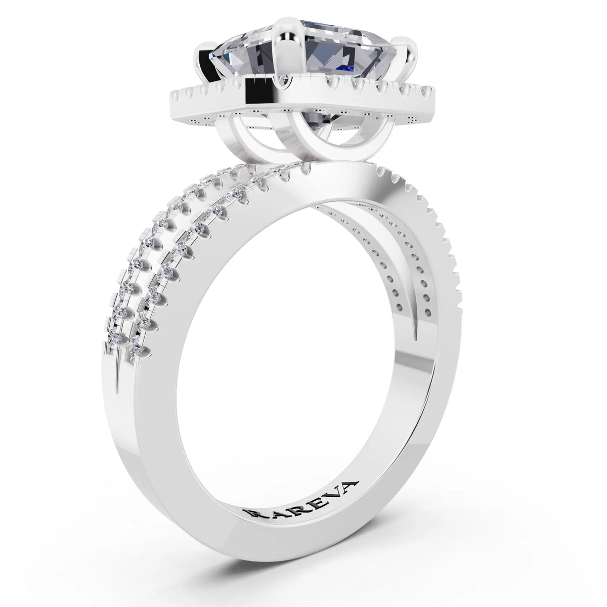 18 KT White Gold Asscher Cut Diamond Halo Ring with Pave Split Shank - top view