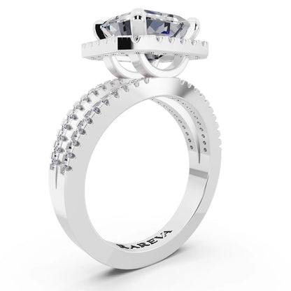 18 KT White Gold Asscher Cut Diamond Halo Ring with Pave Split Shank - top view