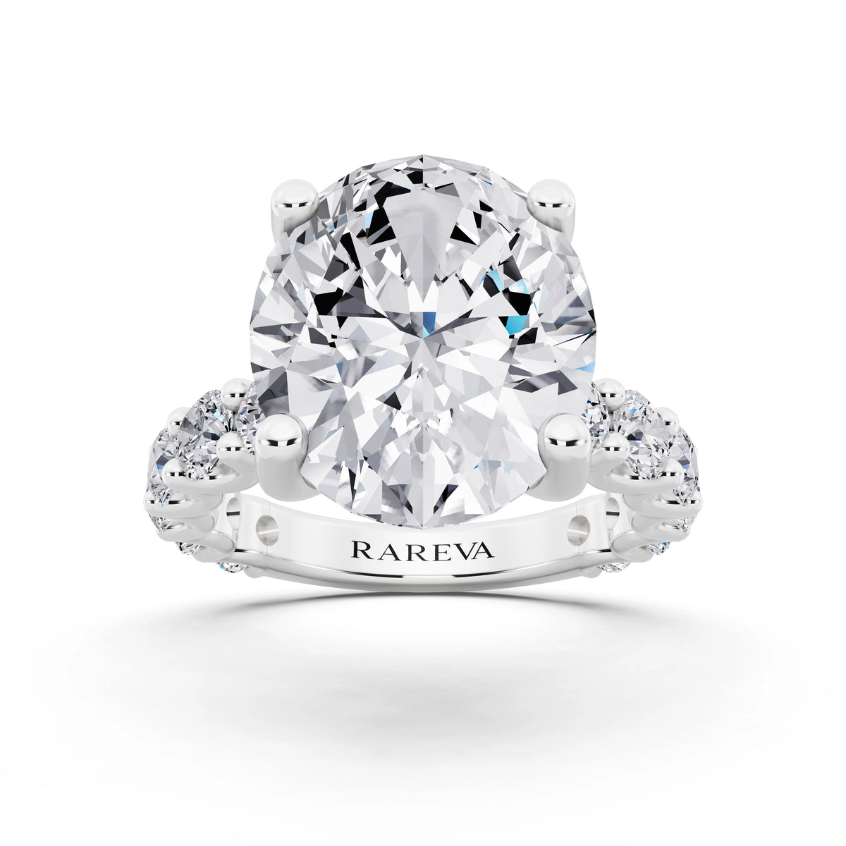 18 KT White Gold Oval Cut Diamond Ring with Shared Prong Eternity Band - front view