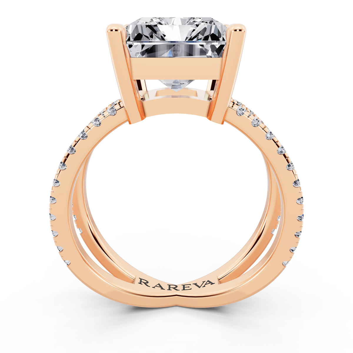18 KT Rose Gold Radiant Cut Diamond Ring with Twisted Split Shank - through finger