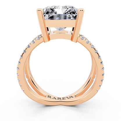 18 KT Rose Gold Radiant Cut Diamond Ring with Twisted Split Shank - through finger