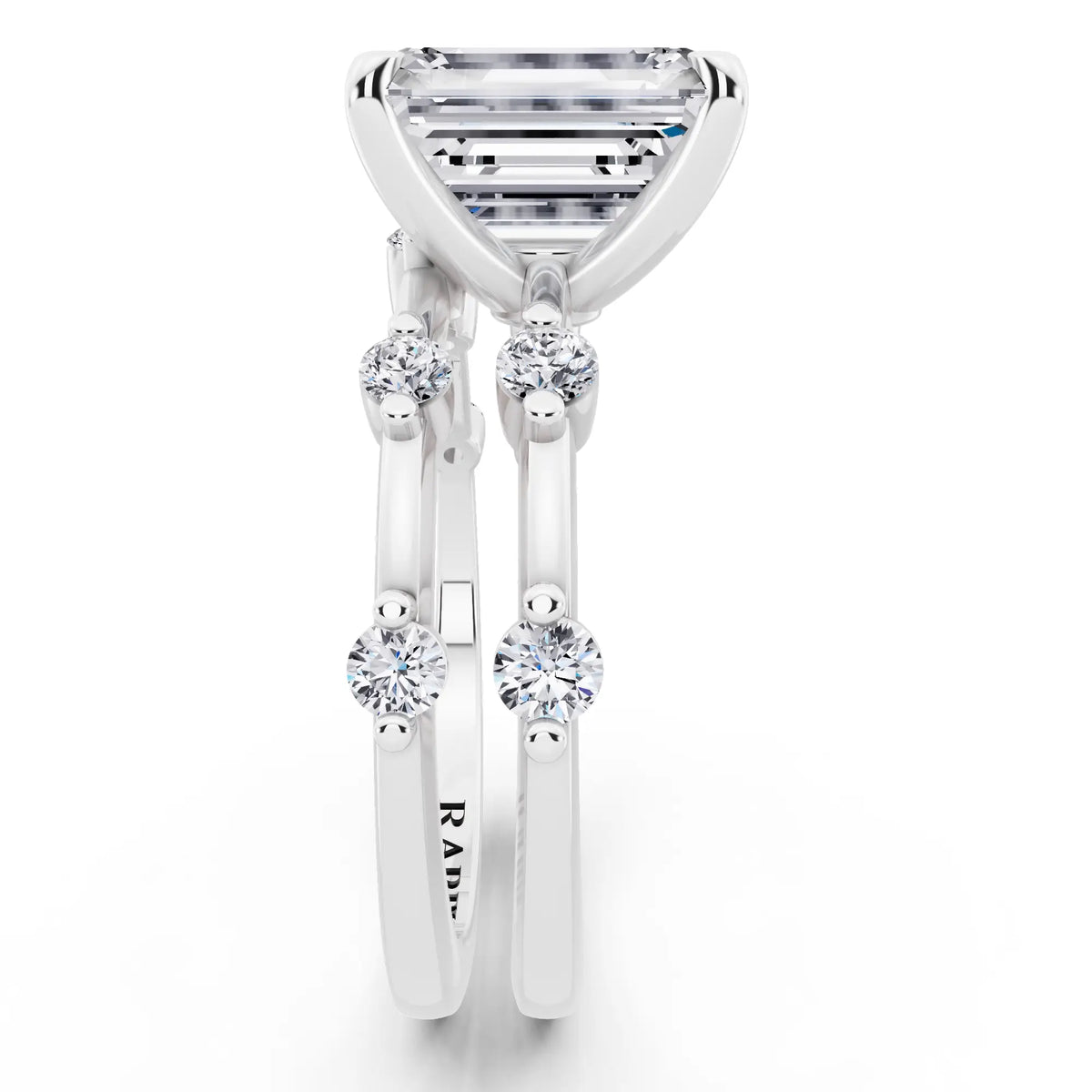 Platinum Emerald Cut Diamond Ring with Floating Accent Band - side view