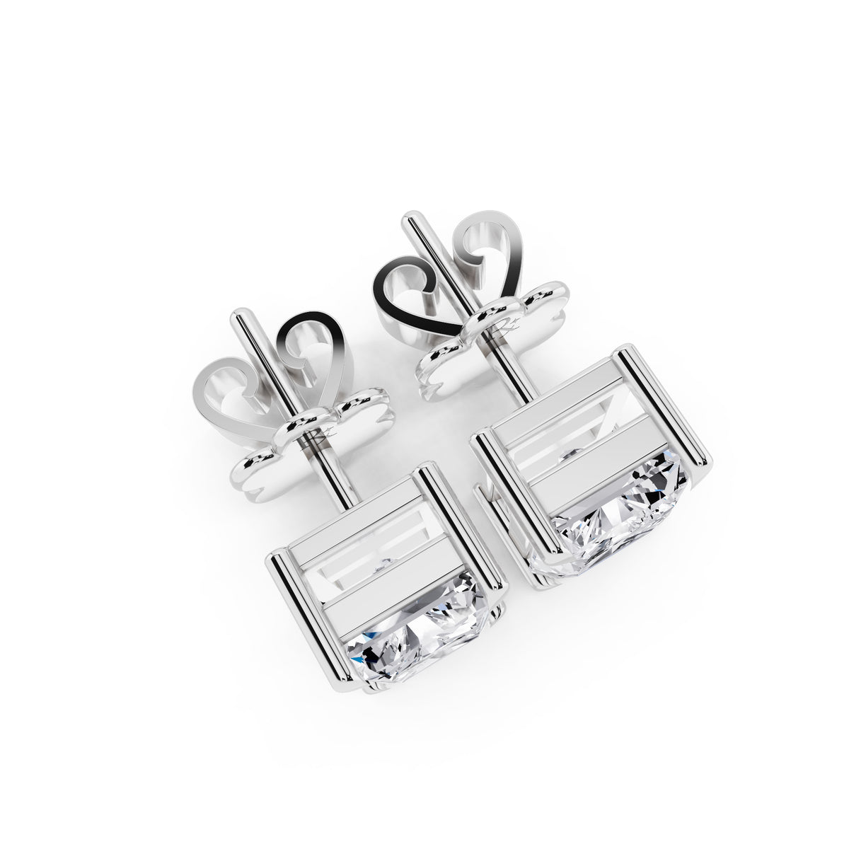 Radiant cut tiger-prong diamond stud earrings in silver, top view