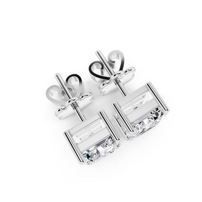 Radiant cut tiger-prong diamond stud earrings in silver, top view