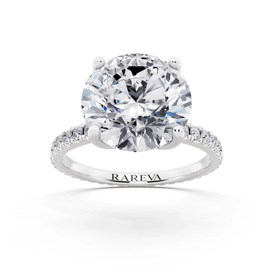 18 KT White Gold Round Cut Diamond Solitaire Ring with Pave Eternity Band - front view