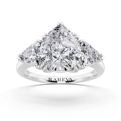 14 KT White Gold Pear Cut Diamond Three Stone Ring with Trillion Accents - front view