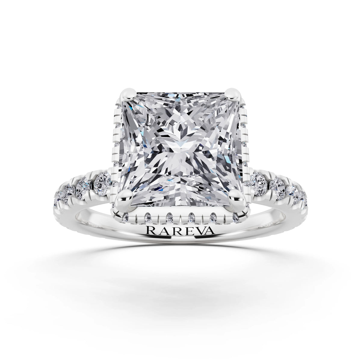 18 KT White Gold Princess Cut Diamond Hidden Halo Ring with Pave Band - front view