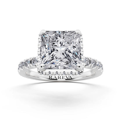 18 KT White Gold Princess Cut Diamond Hidden Halo Ring with Pave Band - front view