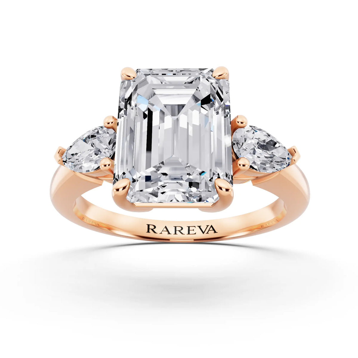14 KT Rose Gold Emerald Cut Diamond Three Stone Pear Accent Ring - front view