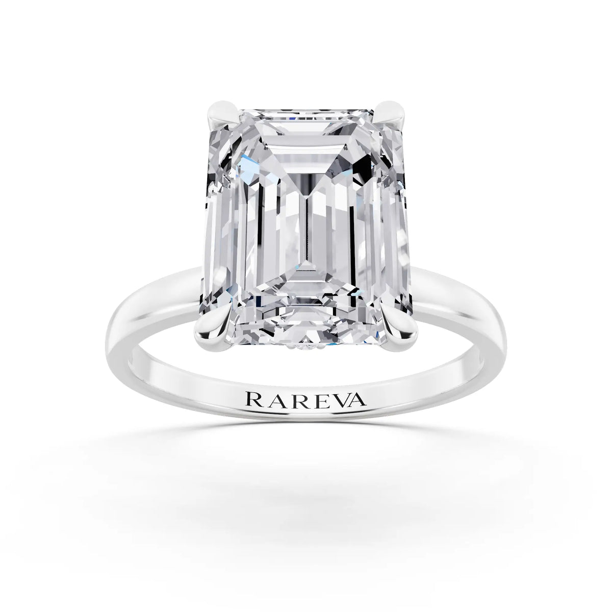 Platinum Emerald Cut Diamond Solitaire Ring with Pave Collar - front view