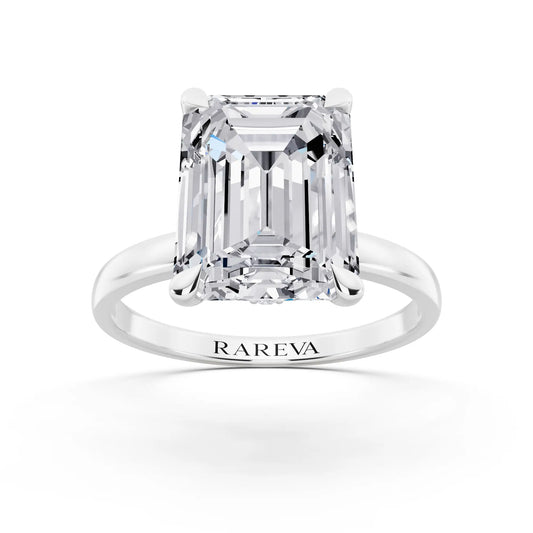 Platinum Emerald Cut Diamond Solitaire Ring with Pave Collar - front view