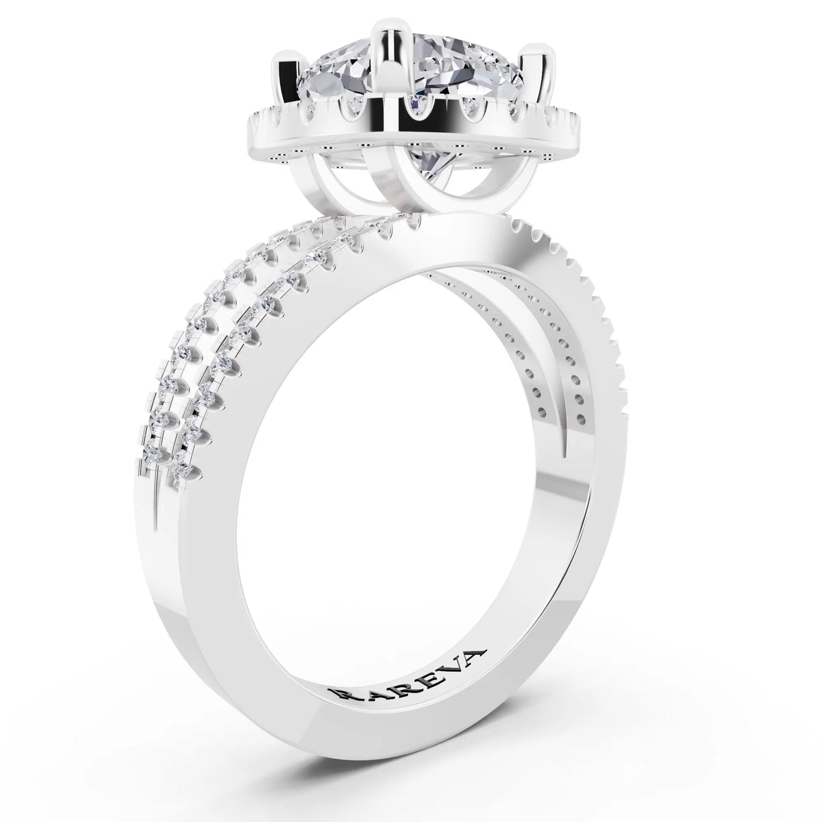 14 KT White Gold Cushion Cut Diamond Halo Ring with Pave Split Shank - top view
