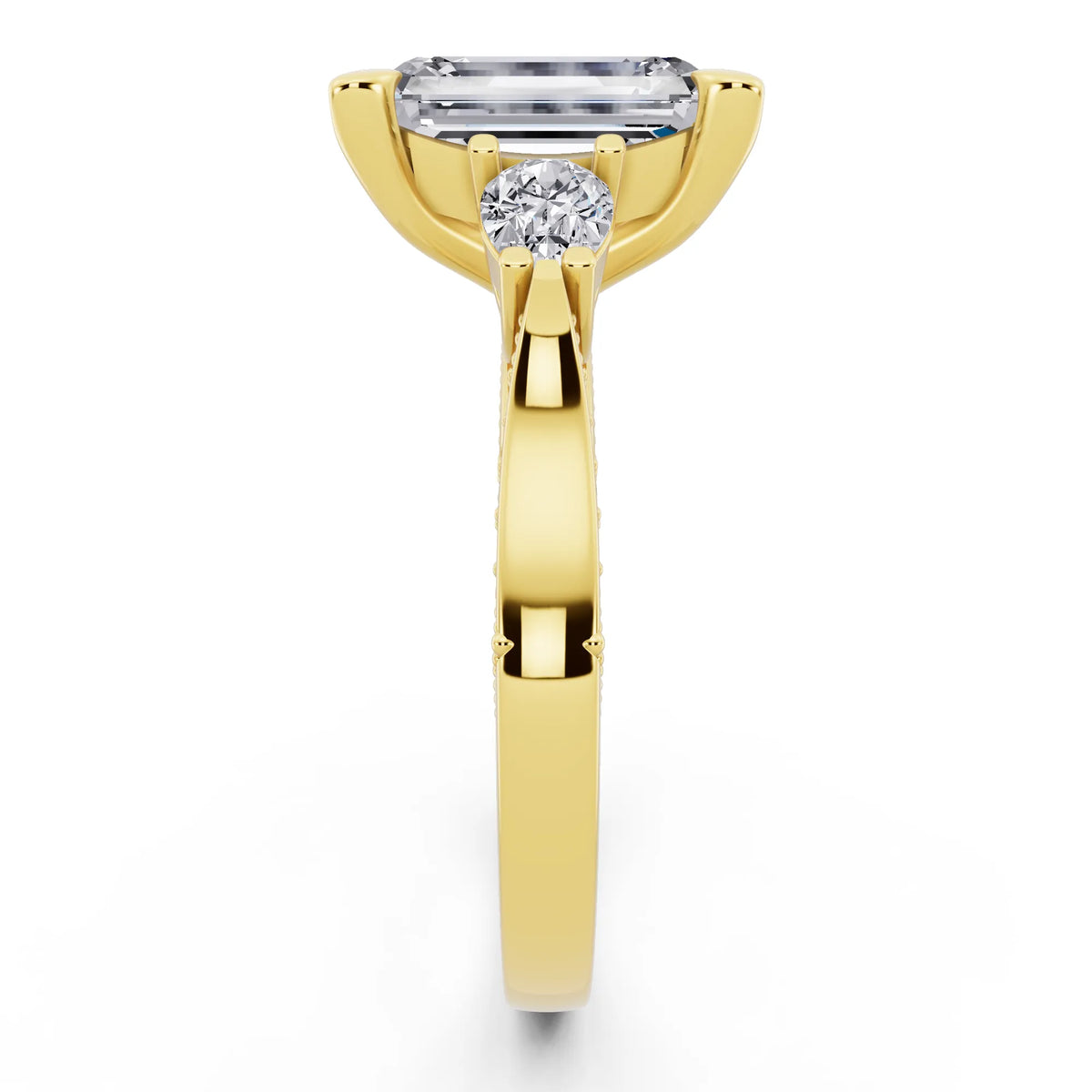 18 KT Yellow Gold Emerald Cut Diamond Three Stone Pear Accent Vintage Pave Ring - side view