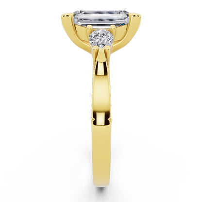 18 KT Yellow Gold Emerald Cut Diamond Three Stone Pear Accent Vintage Pave Ring - side view