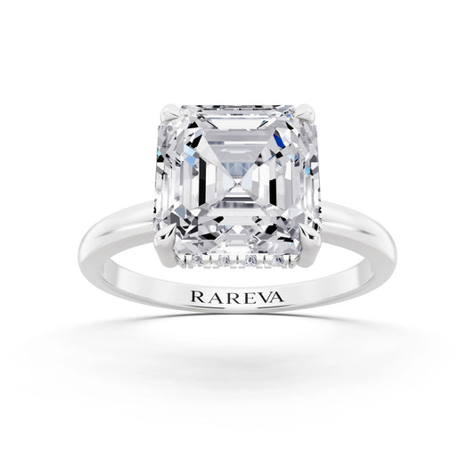 14 KT White Gold Asscher Cut Diamond Solitaire Ring with Hidden Halo - front view