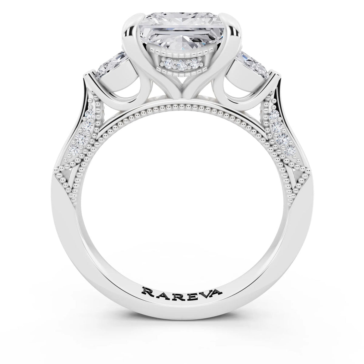 14 KT White Gold Princess Cut Diamond Three Stone Pear Accent Vintage Pave Ring - through finger