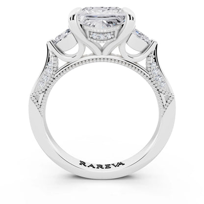 14 KT White Gold Princess Cut Diamond Three Stone Pear Accent Vintage Pave Ring - through finger