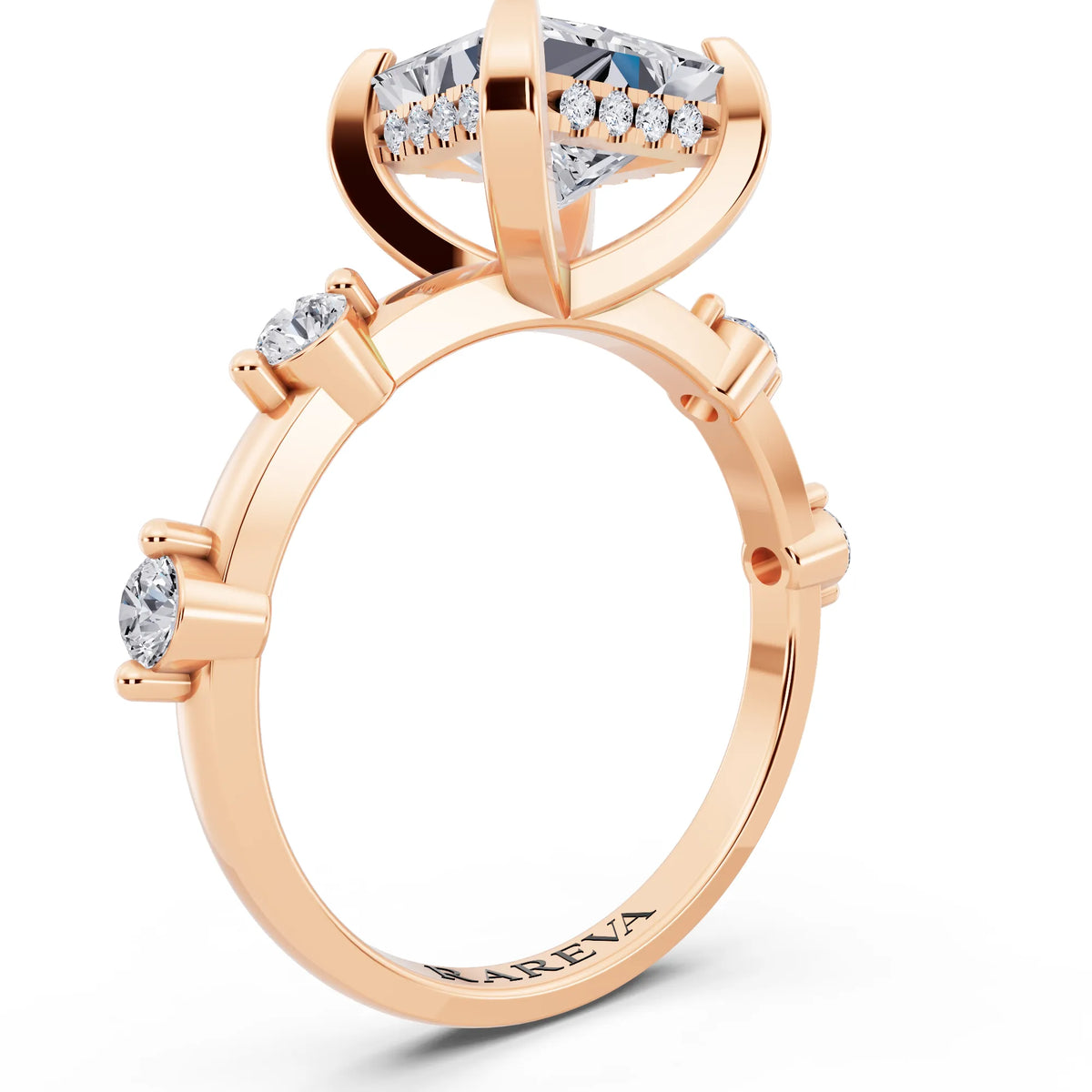 18 KT Rose Gold Princess Cut Diamond Solitaire Ring with Floating Diamond Accents - top view