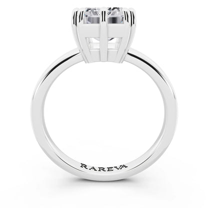 18 KT White Gold Emerald Cut Diamond Solitaire Ring with Hidden Accent Basket - through finger