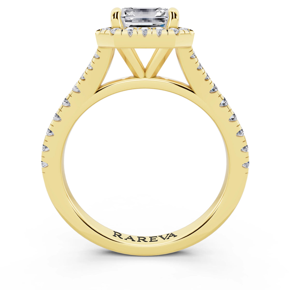14 KT Yellow Gold Asscher Cut Diamond Halo Ring with Split Shank - through finger