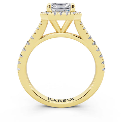 14 KT Yellow Gold Asscher Cut Diamond Halo Ring with Split Shank - through finger
