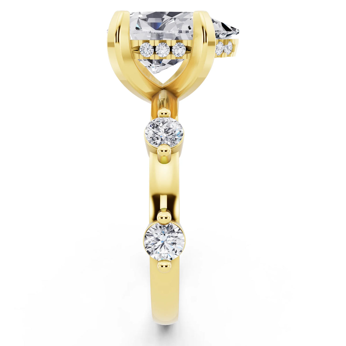 18 KT Yellow Gold Pear Cut Diamond Solitaire Ring with Floating Diamond Accents - side view