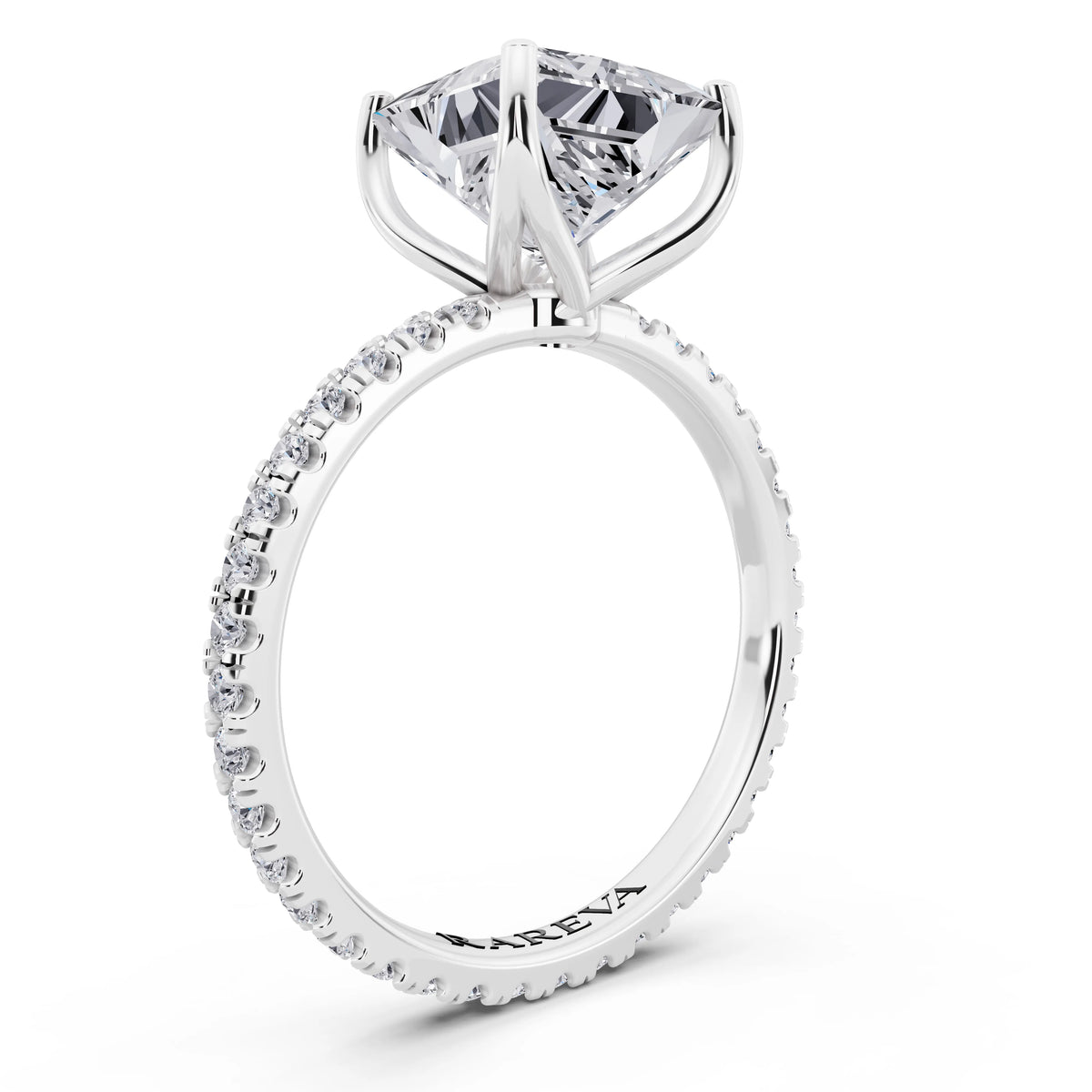 18 KT White Gold Princess Cut Diamond Solitaire Ring with Pave Eternity Band - top view