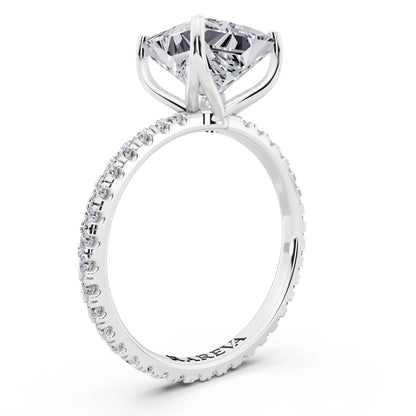 18 KT White Gold Princess Cut Diamond Solitaire Ring with Pave Eternity Band - top view