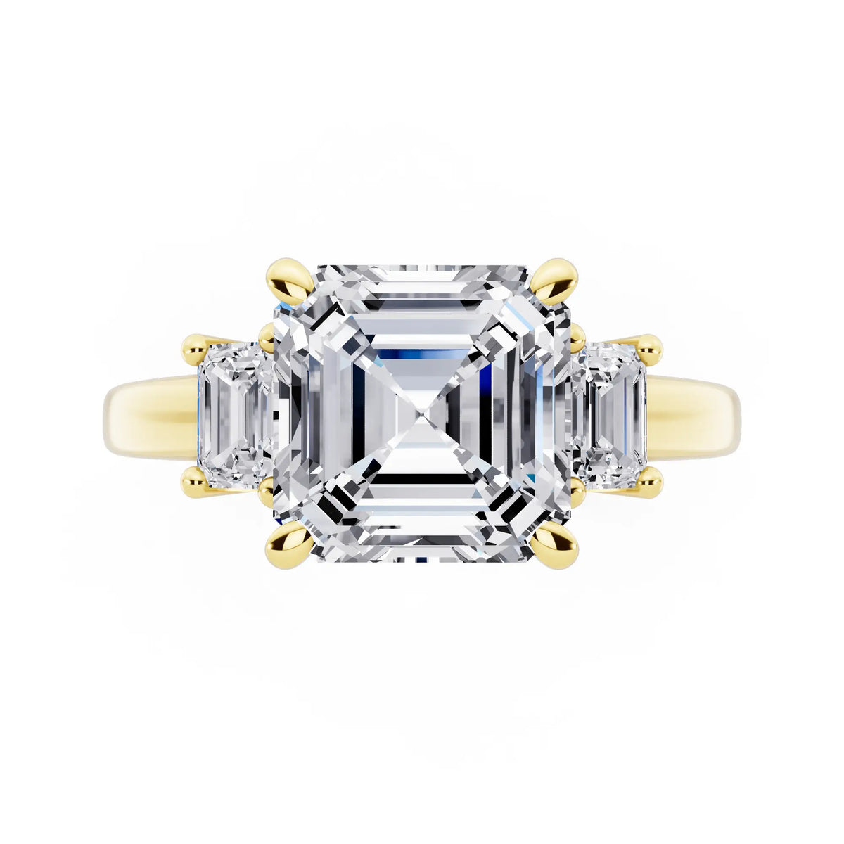 14 KT Yellow Gold Asscher Cut Diamond Three Stone Emerald Accent Ring - top angle