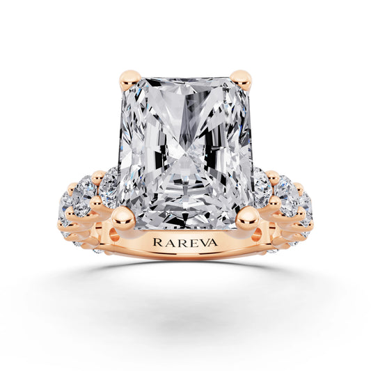 14 KT Rose Gold Radiant Cut Diamond Ring with Shared Prong Eternity Band - front view