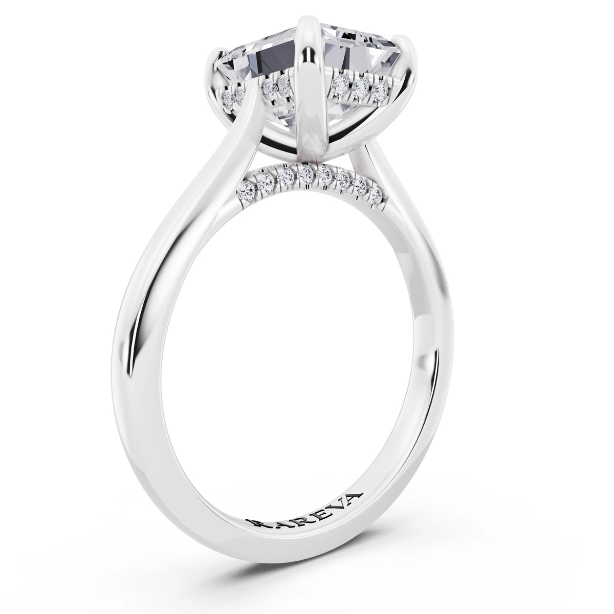 14 KT White Gold Emerald Cut Diamond Solitaire Ring with Cathedral Band - top view