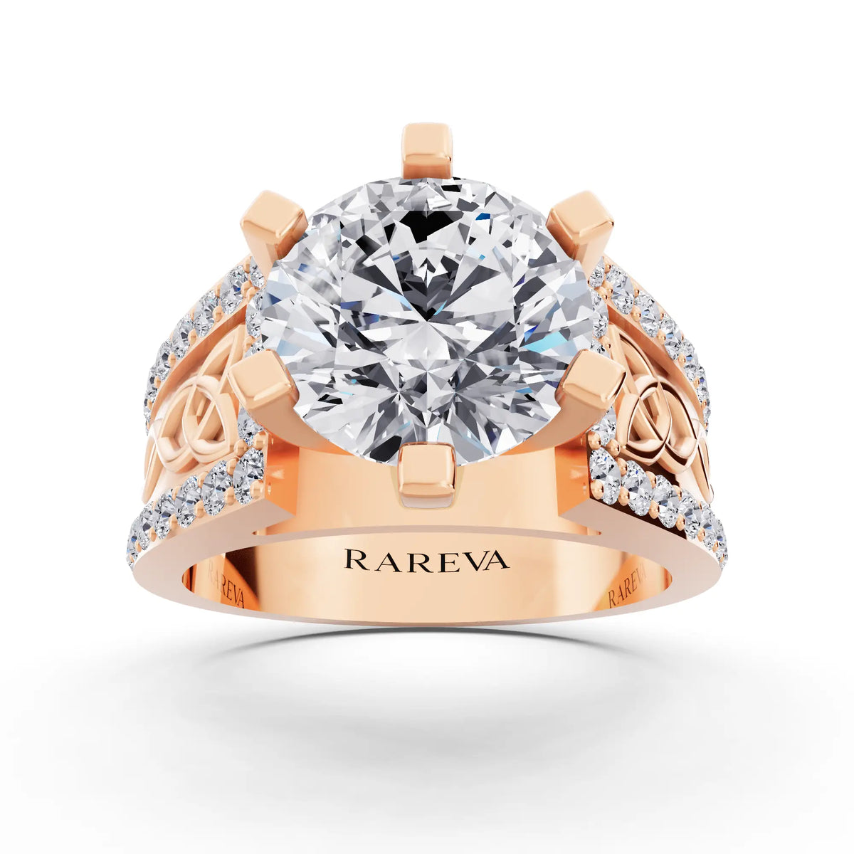 18 KT Rose Gold Round Cut Diamond Solitaire Ring with Celtic Knot Band - Front