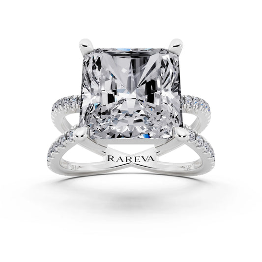 14 KT White Gold Radiant Cut Diamond Ring with Twisted Split Shank - front view