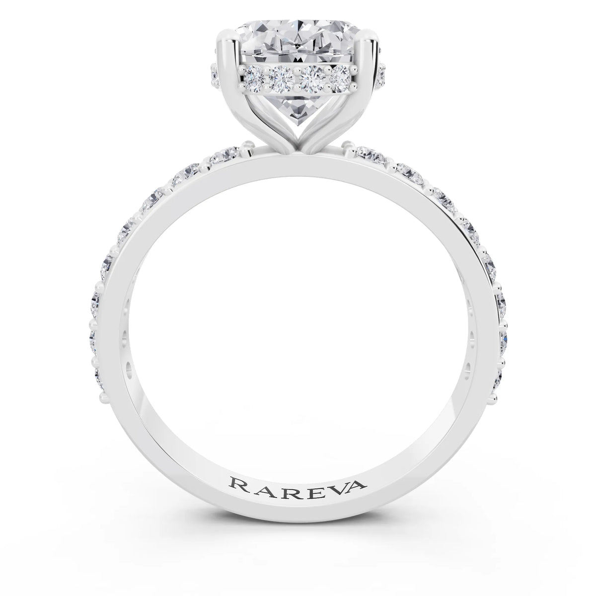 18 KT White Gold Oval Cut Diamond Solitaire Ring with Hidden Halo and Pave Band - through finger