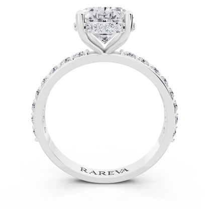 18 KT White Gold Oval Cut Diamond Solitaire Ring with Hidden Halo and Pave Band - through finger