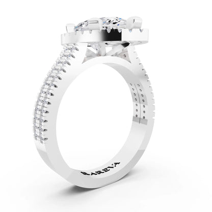 Platinum Pear Cut Diamond Halo Ring with Twin Pave Band - top view