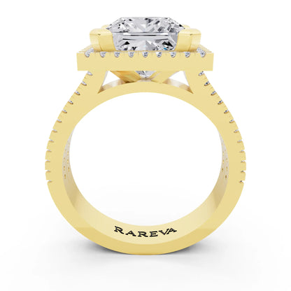18 KT Yellow Gold Princess Cut Diamond Halo Ring with Twin Pave Band - through finger