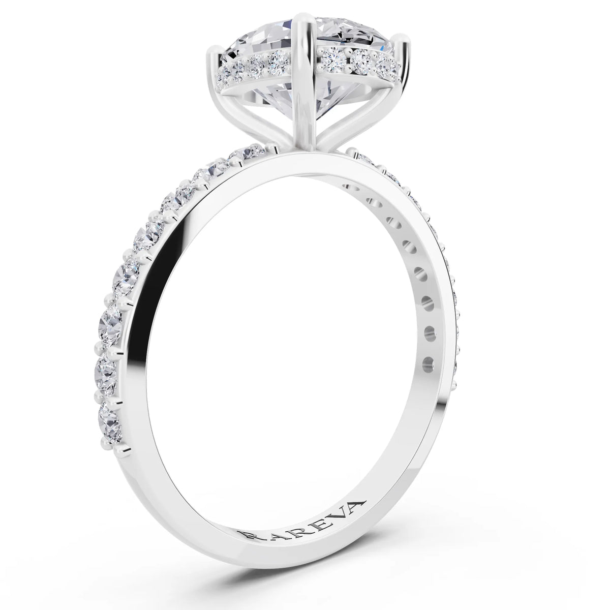 18 KT White Gold Oval Cut Diamond Solitaire Ring with Hidden Halo and Pave Band - top view