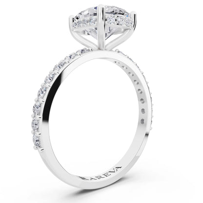 18 KT White Gold Oval Cut Diamond Solitaire Ring with Hidden Halo and Pave Band - top view