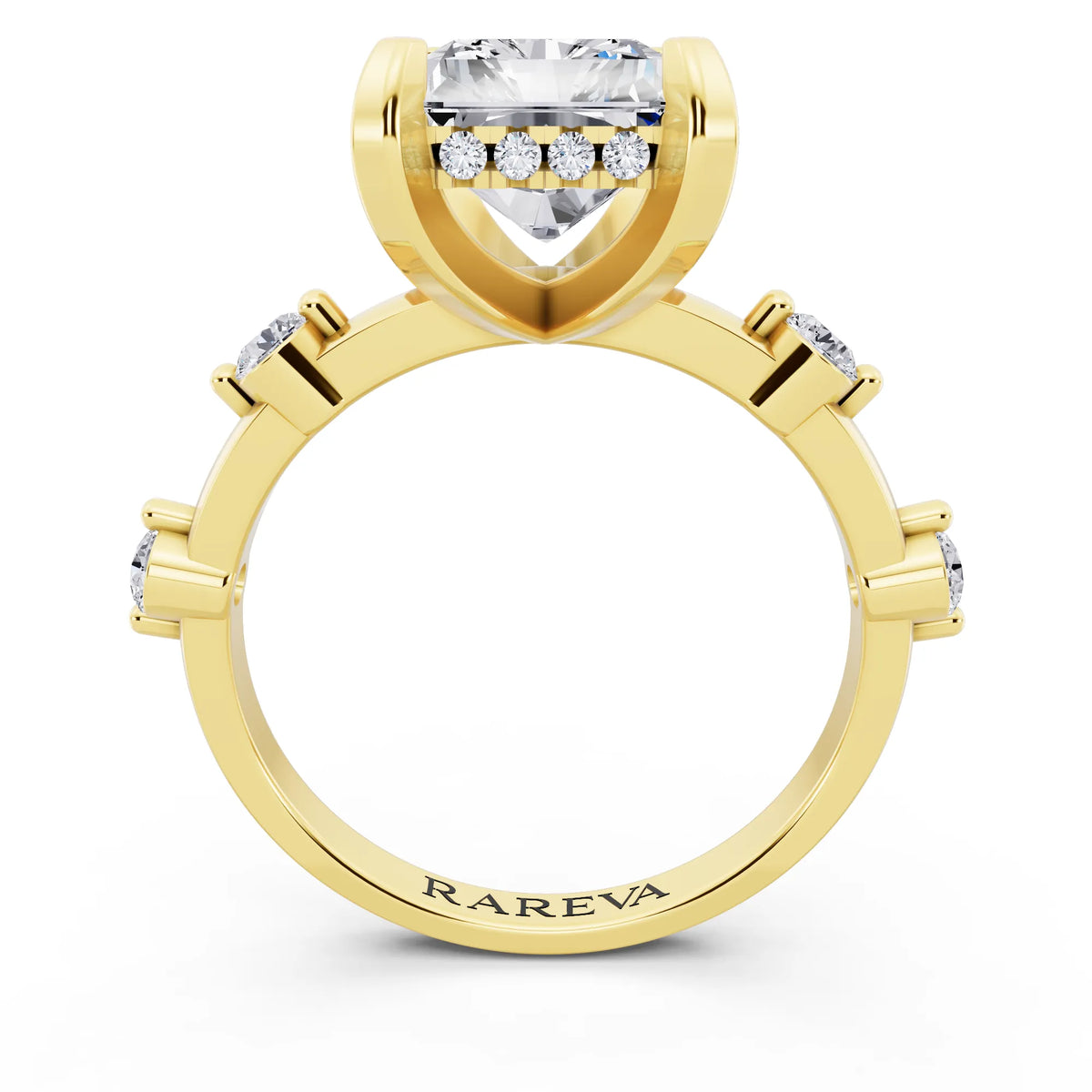 18 KT Yellow Gold Radiant Cut Diamond Solitaire Ring with Floating Diamond Accents - through finger