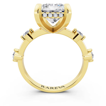 18 KT Yellow Gold Radiant Cut Diamond Solitaire Ring with Floating Diamond Accents - through finger