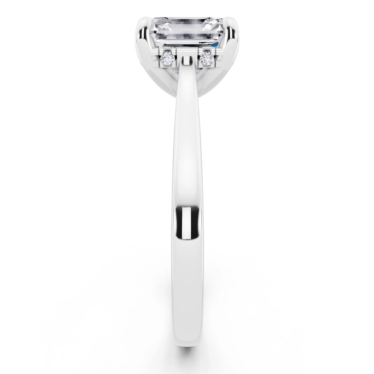 18 KT White Gold Asscher Cut Diamond Solitaire Ring with Cathedral Band - side view
