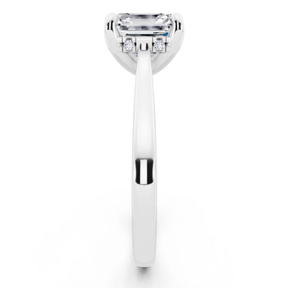 18 KT White Gold Asscher Cut Diamond Solitaire Ring with Cathedral Band - side view